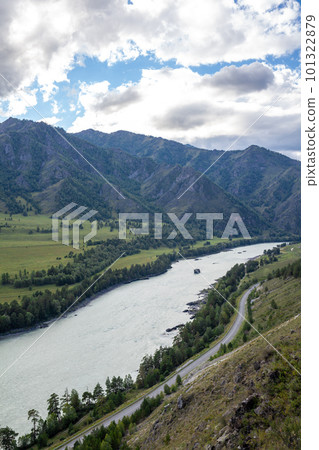 Colorful view of the mountains and the Katun River, with an island Colorful view of the mountains and the Katun River, with an island 101322879