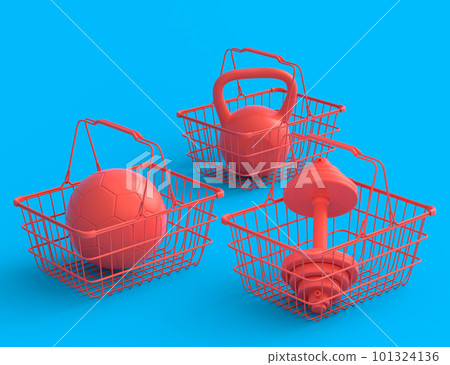 Sport equipment for fitness, gym in shopping basket on monochrome Sport equipment for fitness, gym in shopping basket on monochrome 101324136