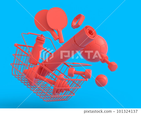 Sport equipment for fitness, gym in shopping basket on monochrome Sport equipment for fitness, gym in shopping basket on monochrome 101324137