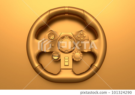 Realistic leather steering wheel with gold chrome texture on dark background Realistic leather steering wheel with gold chrome texture on dark background 101324290