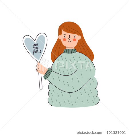 Love Your Body concept. Love Yourself. You are Pretty. A Fat Girl looks in the mirror. Self Acceptance. Vector Flat illustration Love Your Body concept. Love Yourself. You are Pretty. A Fat Girl looks in the mirror. Self Acceptance. Vector Flat illustration 101325001
