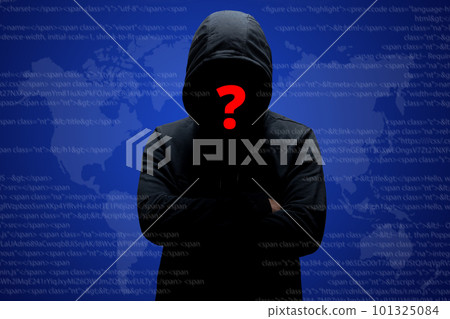 Mysterious unknown hacker in black clothing with hoodie, stands crossed hands against dark digital interface background with red question mark on face. Cybersecurity and computer hacking concept Mysterious unknown hacker in black clothing with hoodie, stands crossed hands against dark digital interface background with red question mark on face. Cybersecurity and computer hacking concept 101325084
