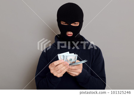 Swindler thief man counts stolen money, wears a black sweater, poses with a disguised face, a criminal breaks the law and takes money from other people, isolated over gray background. 101325246