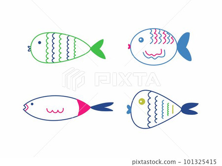 Doodle hand drawn different fishes. Cartoon style. Colorful lines. Isolated on white background. Doodle hand drawn different fishes. Cartoon style. Colorful lines. Isolated on white background. 101325415