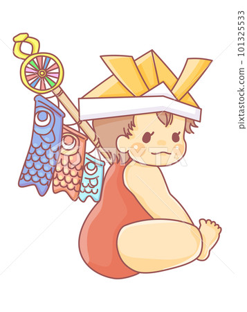 Cute illustration of a sitting baby holding a carp streamer Cute illustration of a sitting baby holding a carp streamer 101325533
