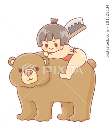 A cute illustration of a baby straddling a bear and carrying Masakari A cute illustration of a baby straddling a bear and carrying Masakari 101325534