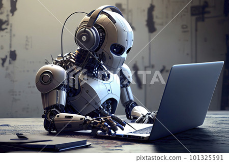 3d rendering humanoid robot working with headset and notebook 3d rendering humanoid robot working with headset and notebook 101325591