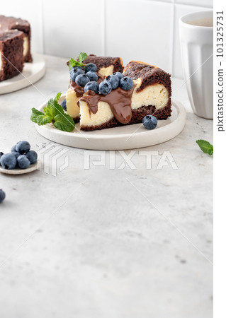 Two pieces of homemade chocolate cheesecake with blueberries, chocolate sauce and mint on a plate with coffee on white kitchen table for morning breakfast. Text space, copy space 101325731