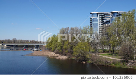 Kiev, Ukraine April 28, 2021: Rusanovskiy highway bridge Rusanivka district Kiev city 101326005