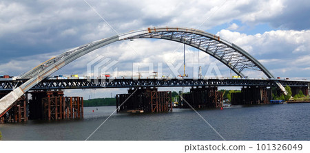 Kiev, Ukraine May 16, 2020: Podolsky bridge on Trukhanov island in the city of Kiev Ukraine 101326049