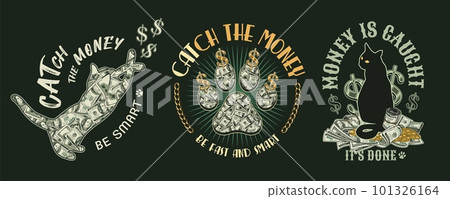 Set of labels with silhouette of cat, 100 US dollar bills, gold coins, cats paw footprint, dollar sign, text. 101326164