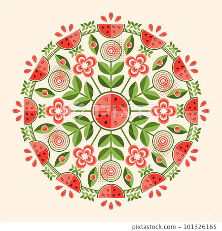 Circular pattern with watermelon in simple geometric style. Chunks, pieces of fruit. Good for decoration of food packaging, cover design, decorative print, background 101326165