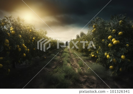 Lemon tree garden at sunset. Food organic. Generate Ai 101326341