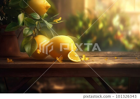 Lemon bunch on table. Summer fruit. Generate Ai Lemon bunch on table. Summer fruit. Generate Ai 101326343