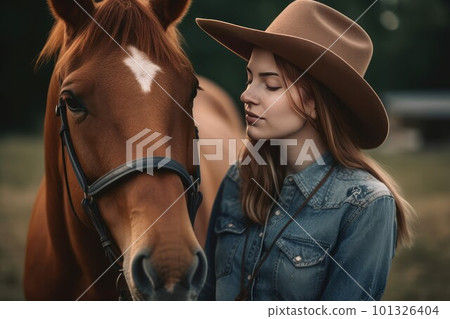 Girl rider take horse. Pretty female. Fictional person. Generate Ai 101326404