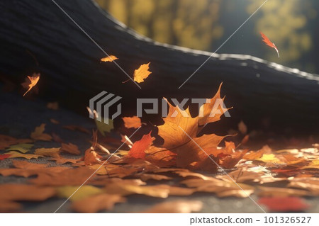 Autumn leafs under tree. Park sunset. Generate Ai 101326527