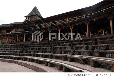Kiev, Ukraine June 19, 2021: old wooden fortress - entertainment complex Kievan Rus old wooden fortress and artists doing a performance. 101326685