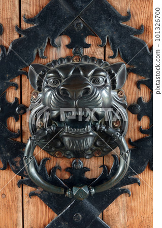 Kiev, Ukraine June 19, 2021: Antique handle in the form of a lion with a ring on the wooden gate of the Kievan Rus complex 101326700