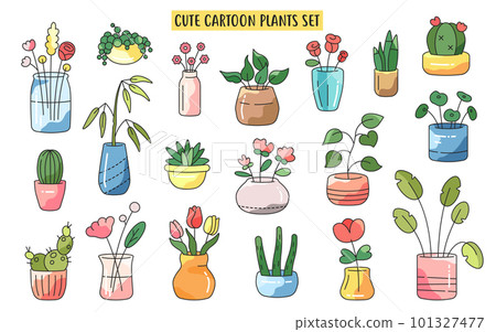 Trendy collection of home cute plants in flowerpots pack icons. Set of houseplants and flowers in pots modern illustrations. Vector aloe, yucca, dracaena, snake plant, schefflera, monstera home flower 101327477