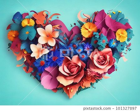 A 3D heart shape of flowers and leaves explodes in color. Generative AI. A 3D heart shape of flowers and leaves explodes in color. Generative AI. 101327897