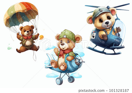 Safari Animal set the bear flies on a parachute, plane and helicopter in 3d style. Isolated vector illustration Safari Animal set the bear flies on a parachute, plane and helicopter in 3d style. Isolated vector illustration 101328187