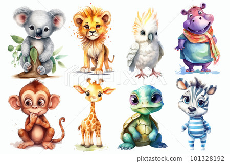 Safari Animal set koala, lion, parrot, hippopotamus, monkey, giraffe, turtle, zebra in 3d style. Isolated vector illustration 101328192