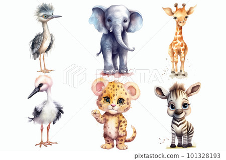 Safari Animal set zebra, giraffe, leopard, japanese crane, elephant, heron in 3d style. Isolated vector illustration 101328193