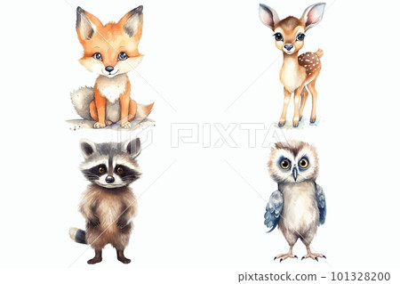 Safari Animal set fox, deer, raccoon and owl in 3d style. Isolated vector illustration 101328200