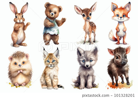 Safari Animal set hare, bear, deer, fox, hedgehog, lynx, wolf and boar in 3d style. Isolated vector illustration 101328201
