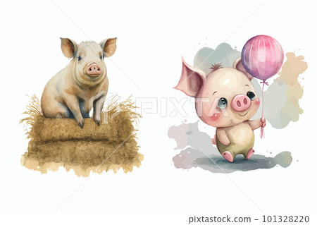 A pig sits on a haystack, a pig with a balloon in 3d style. Isolated vector illustration 101328220