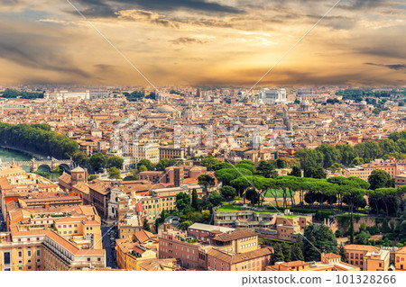 Aerial view of the roofs of Rome main sights at sunset, Italy 101328266