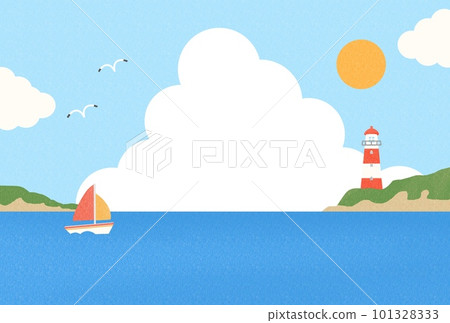 夏日風景，海上有遊艇，海岸有燈塔 101328333