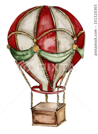 Watercolor hot air vintage balloon . Hand drawn baby illustration of vintage aircraft on isolated background. Cute drawing for newborn shower or kid birthday. Perfect for wedding, invitations, blogs. 101328365