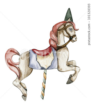 Watercolor hand drawn circus white horse on the white background. Horse illustration. Watercolor painting of a galloping horse. Perfect for greetings card, poster, invitation and party decoration. 101328393