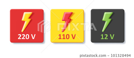 Voltage icon symbol with numbers and Vector bolt lighting 3d icon. Set Voltage icon symbol with numbers and Vector bolt lighting 3d icon. Set 101328494