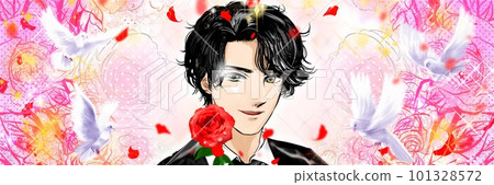 A cartoon-style wide-size illustration of a handsome boy with a black hair perm who invites you with a smile while holding a red rose in one hand. 101328572