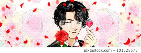A cartoon-style wide-size illustration of a handsome boy with a permed black hair who invites you with a wink and a finger heart with a red rose in one hand. 101328575