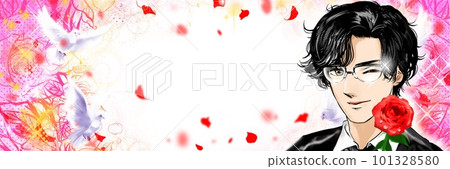 手捧紅玫瑰花戴甜美面具黑髮燙髮眼鏡卡通風寬幅插畫暴風雪帥哥 手捧紅玫瑰花戴甜美面具黑髮燙髮眼鏡卡通風寬幅插畫暴風雪帥哥 101328580