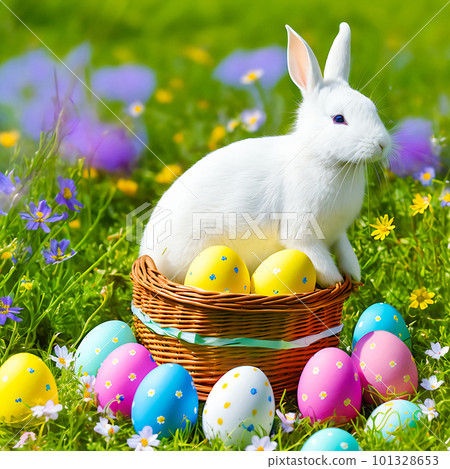 An Easter hare on a summer meadow with colored eggs. 101328653