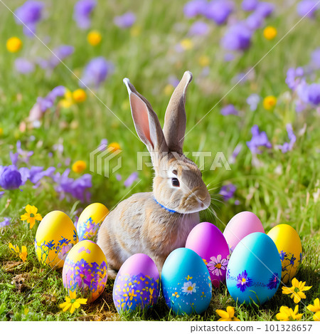 An Easter hare on a summer meadow with colored eggs. 101328657