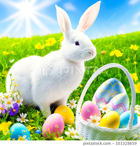 An Easter hare on a summer meadow with colored eggs. 101328659