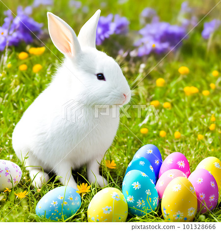 An Easter hare on a summer meadow with colored eggs. 101328666
