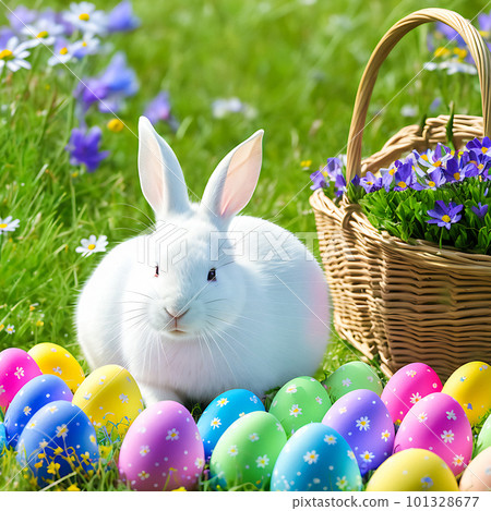 An Easter hare on a summer meadow with colored eggs. 101328677