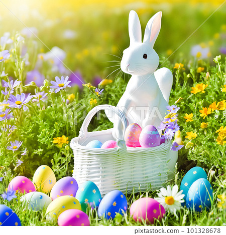 An Easter hare on a summer meadow with colored eggs. 101328678