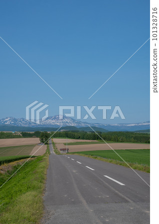 Early summer upland field and mountain range of remaining snow Daisetsuzan 101328716