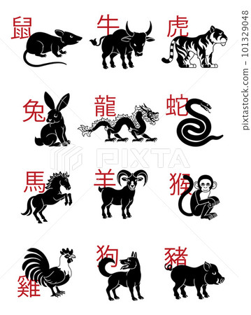 Chinese Zodiac Horoscope Animals Year Signs Set 101329048