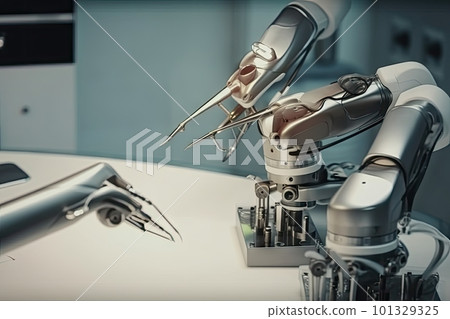 close-up of robot with tools and instruments for delicate medical procedures, created with generative ai 101329325