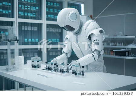 robot, with its cleanroom suit removed, preparing and distributing medical supplies, created with generative ai 101329327