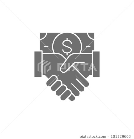 Dollar banknote with handshake, partnership grey fill icon. Cash payment, paper bill, dollar symbol design. 101329603
