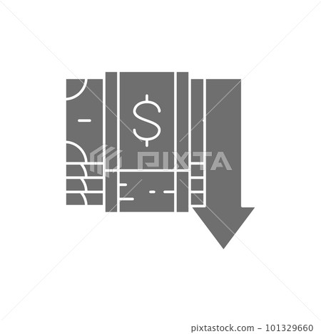 Pile of money banknotes with down arrow, money interest rate reduction grey fill icon. Cash payment, paper bill, dollar symbol design. Pile of money banknotes with down arrow, money interest rate reduction grey fill icon. Cash payment, paper bill, dollar symbol design. 101329660